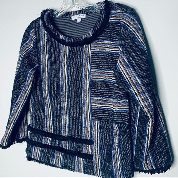 Anthropologie Current Air black striped fringed sweater size Small - Picture 2 of 9